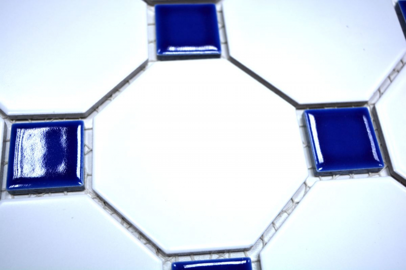 Hand-painted mosaic tile ceramic octagonal white matt cobalt blue glossy mosaic wall kitchen splashback MOSOcta-180_m