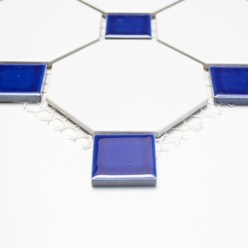 Hand-painted mosaic tile ceramic octagonal white matt cobalt blue glossy mosaic wall kitchen splashback MOSOcta-180_m