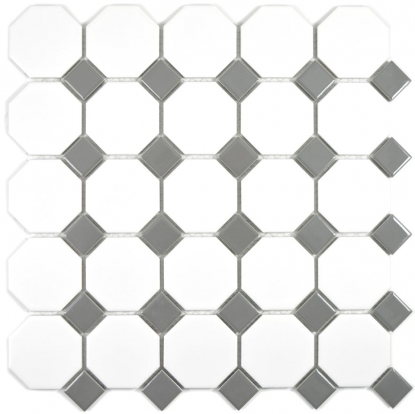 Hand-painted mosaic tile ceramic metal gray octagon white matt metal glossy MOS13-0122_m