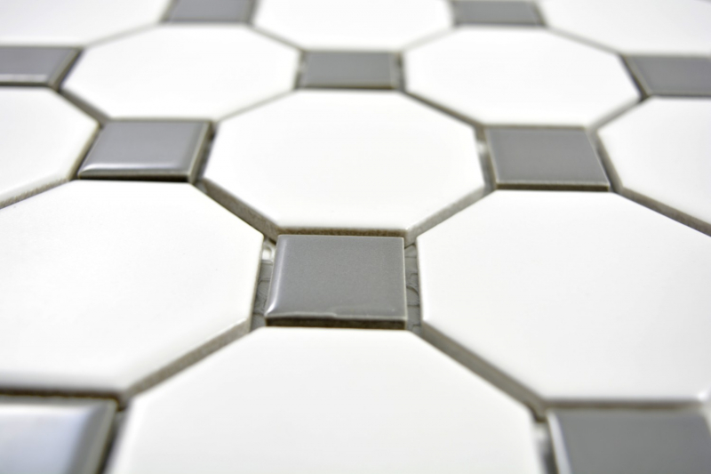 Hand-painted mosaic tile ceramic metal gray octagon white matt metal glossy MOS13-0122_m