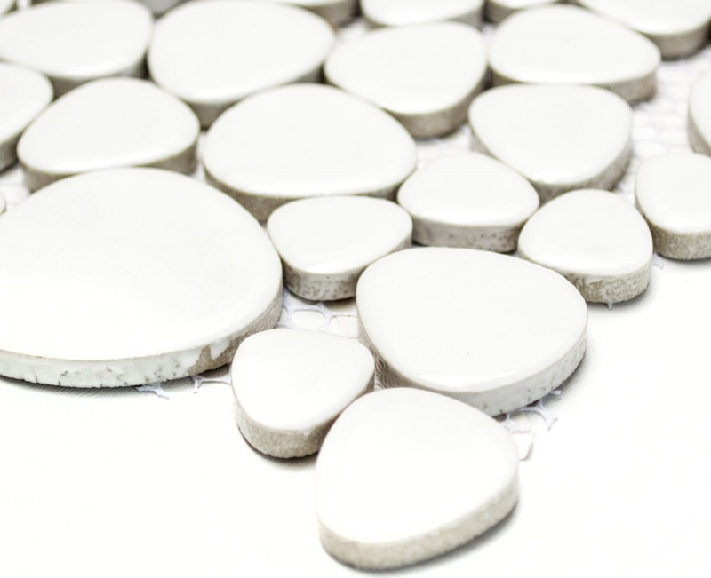 Pebble mosaic Pebbles ceramic white glossy shower tray tile backsplash MOS12-0102_f | 10 mosaic mats