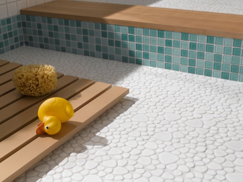 Pebble mosaic Pebbles ceramic drops white glossy shower tray tile backsplash MOS12-0102