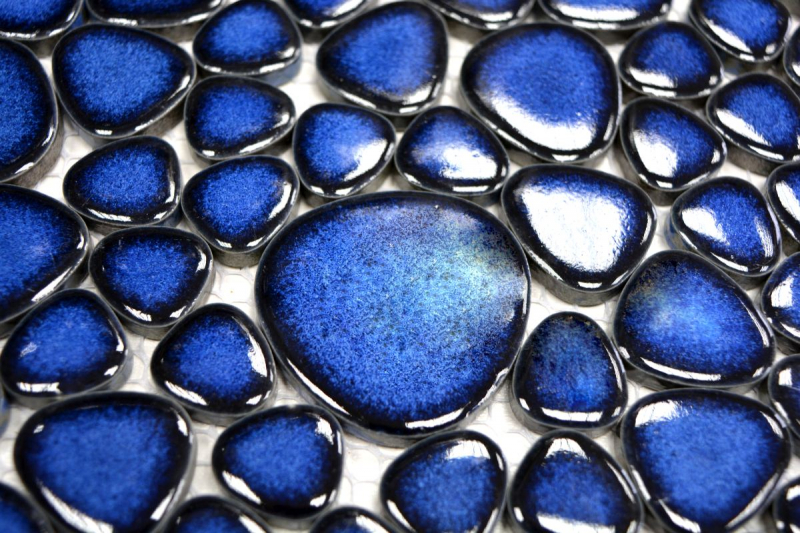 Hand-painted pebble mosaic Pebbles ceramic blue glossy shower tray tile backsplash MOS12-0405_m