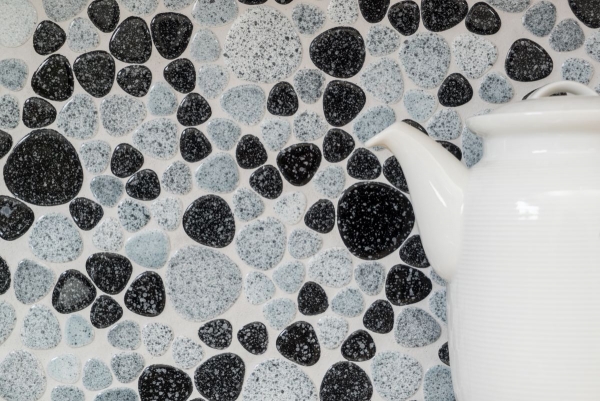 Hand-painted pebble mosaic Pebbles gray black Spots shower tray tile backsplash MOS12-0103_m