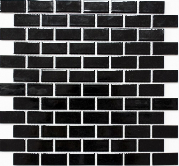Hand-patterned mosaic tile ceramic brick black glossy kitchen splashback MOS24-4BG_m