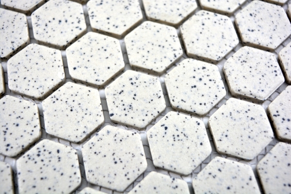 Hand-patterned mosaic tile ceramic cream white hexagaon speckled unglazed MOS11A-0103-R10_m