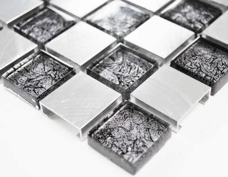 Hand sample mosaic tile aluminum translucent glass mosaic Crystal Alu checkerboard black silver MOS49-0302_8mm_m