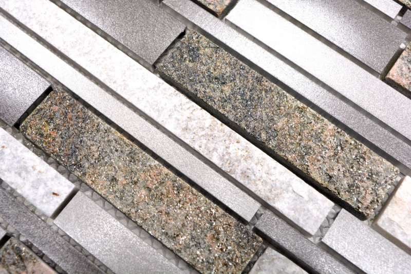 Hand pattern mosaic tile quartzite natural stone aluminum silver gray light beige composite MOS49-XSA535_m