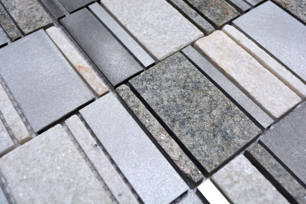 Hand pattern mosaic tile quartzite natural stone aluminum silver gray light beige rectangle MOS49-505_m