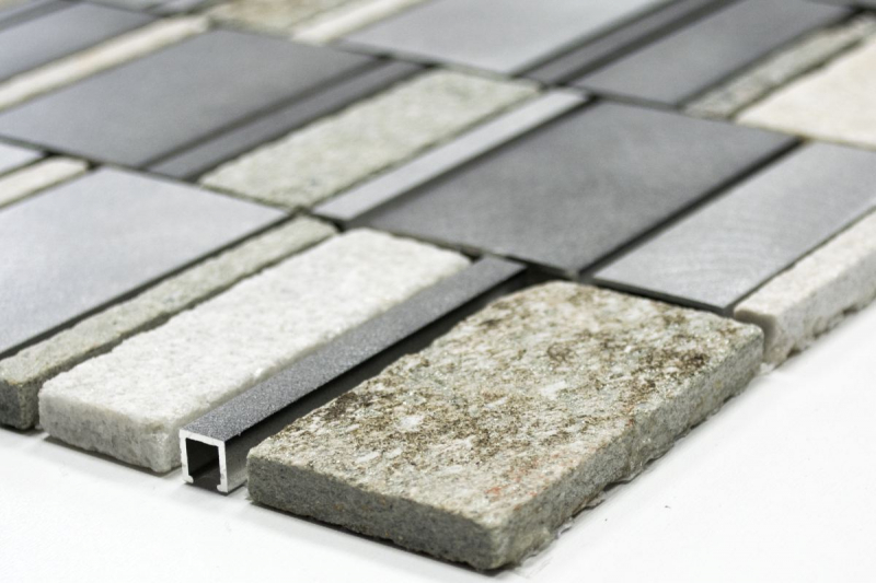 Hand pattern mosaic tile quartzite natural stone aluminum silver gray light beige rectangle MOS49-505_m