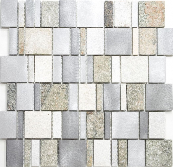 Hand pattern mosaic tile quartzite natural stone aluminum silver gray light beige rectangle MOS49-515_m