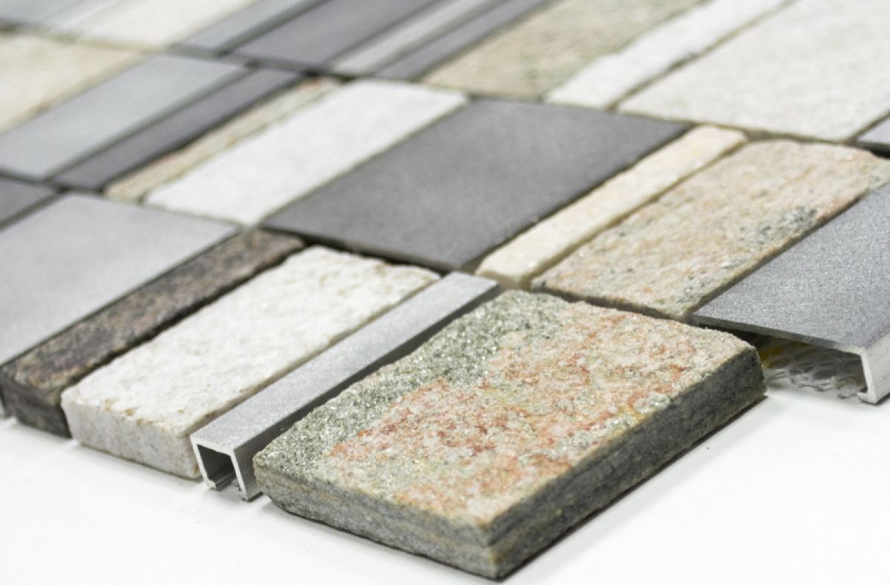 Hand pattern mosaic tile quartzite natural stone aluminum silver gray light beige rectangle MOS49-515_m