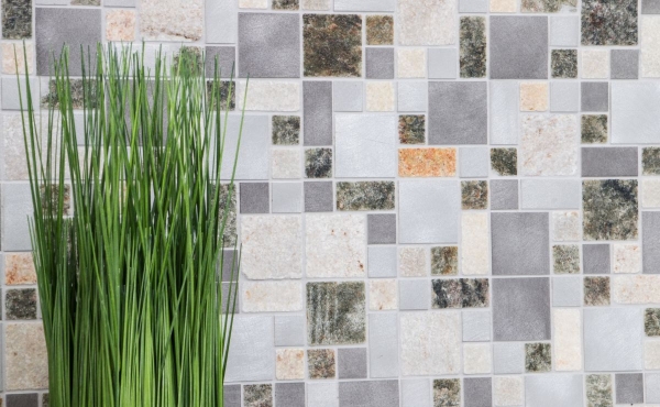 Mosaic tile quartzite natural stone aluminum silver gray light beige combination MOS49-525