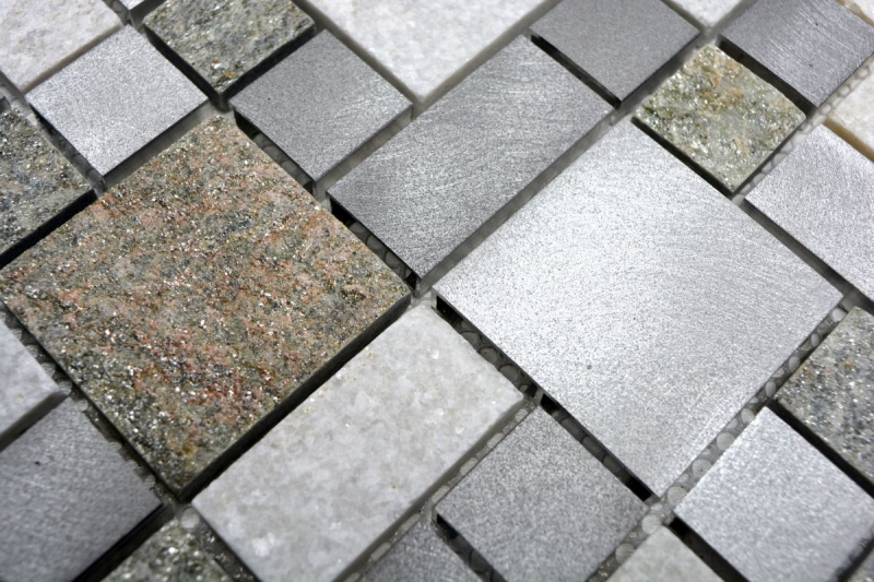 Mosaic tile quartzite natural stone aluminum silver gray light beige combination MOS49-525