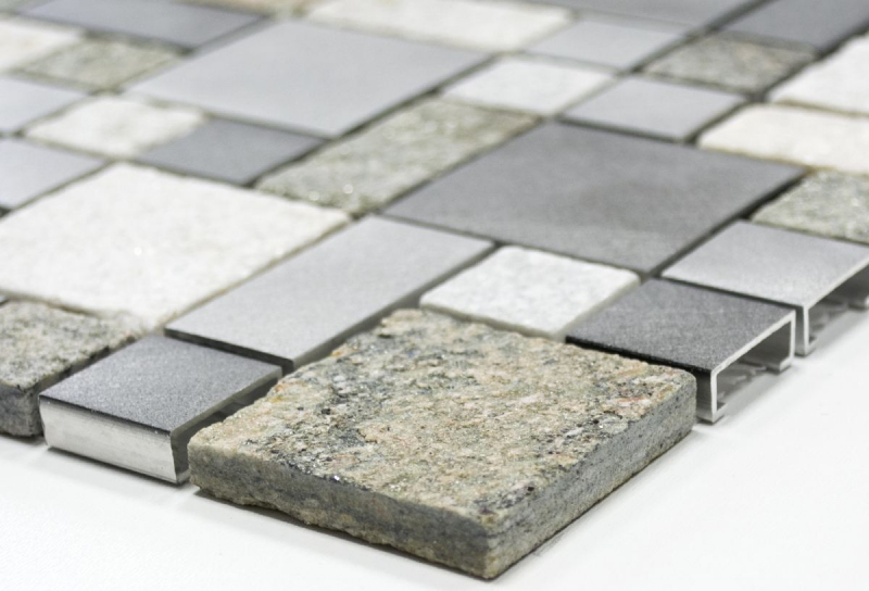 Mosaic tile quartzite natural stone aluminum silver gray light beige combination MOS49-525