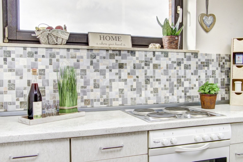 Mosaic tile quartzite natural stone aluminum silver gray light beige combination MOS49-525