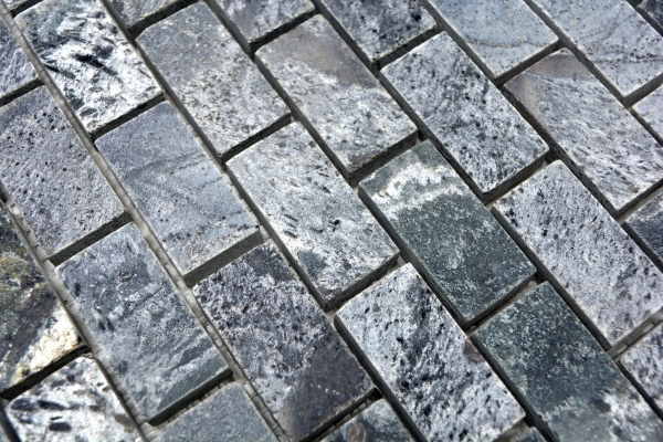 Hand-patterned mosaic tile Quartzite natural stone Brick silver-grey polished MOS28-0202_C_m