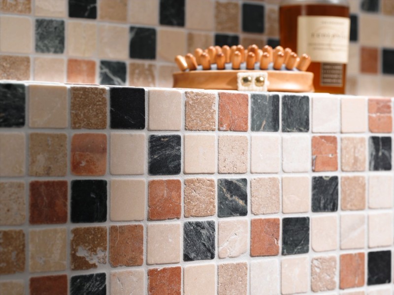 Marble mosaic tile natural stone cream beige red green random shower screen - MOS42-1204