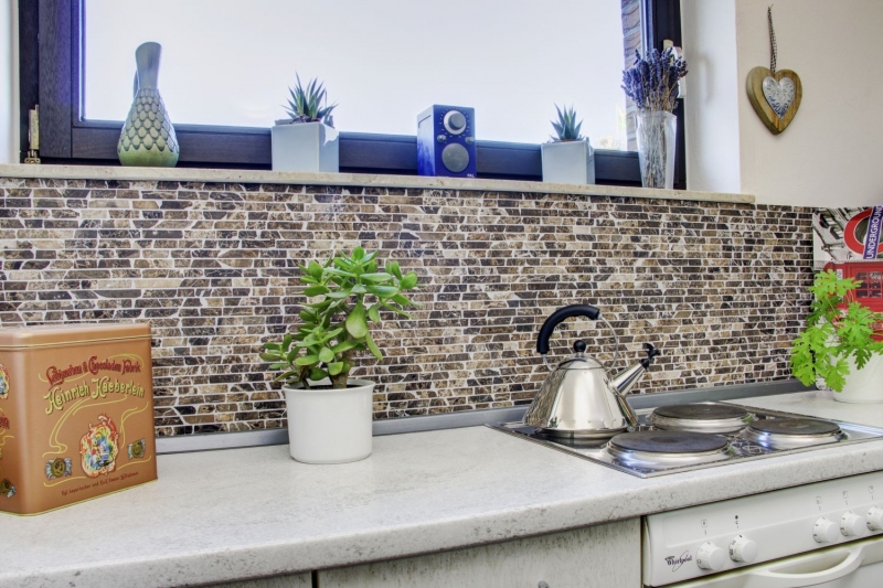 Mosaic marble natural stone brick composite rods Impala dark brown flamed wall cladding kitchen bathroom - MOS40-1304