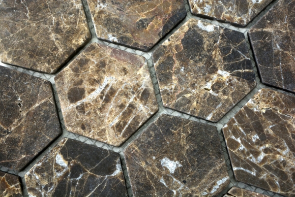 Hand-painted mosaic tile Marble natural stone Hexagon Impala brown flamed MOS42-1313_m