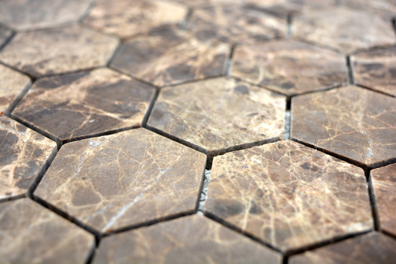 Hand-painted mosaic tile Marble natural stone Hexagon Impala brown flamed MOS42-1313_m