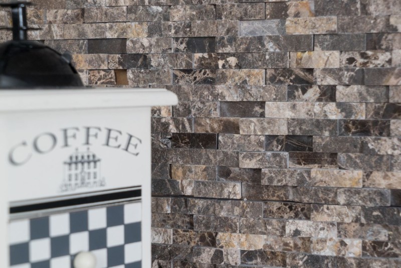 Splitface marble mosaic stone wall natural stone dark brown brick wall bond 3D look kitchen bathroom - MOS40-3D76