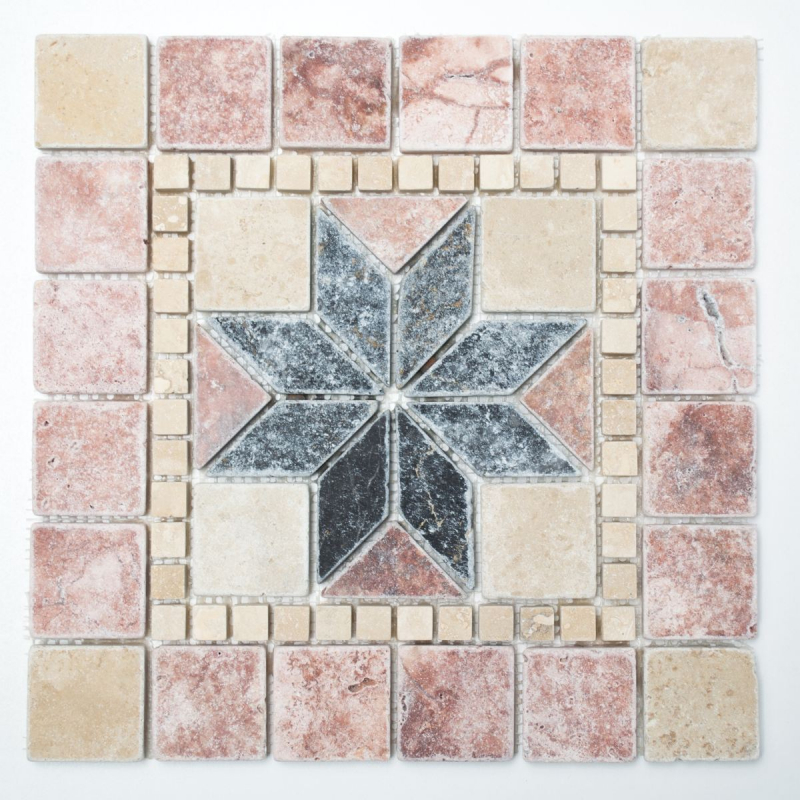 Rossone travertine natural stone beige red teracotta black decor inlay tile backsplash wall cladding kitchen - MOSRos-74034