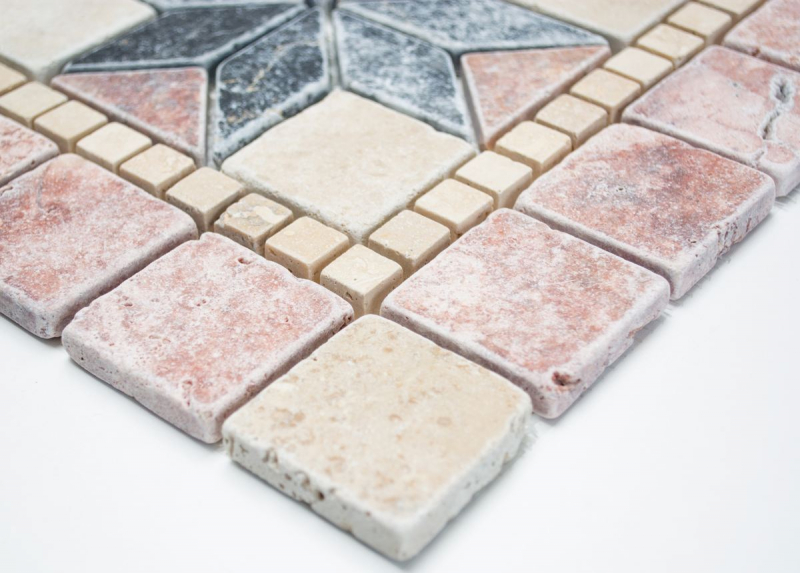 Rossone travertine natural stone beige red teracotta black decor inlay tile backsplash wall cladding kitchen - MOSRos-74034