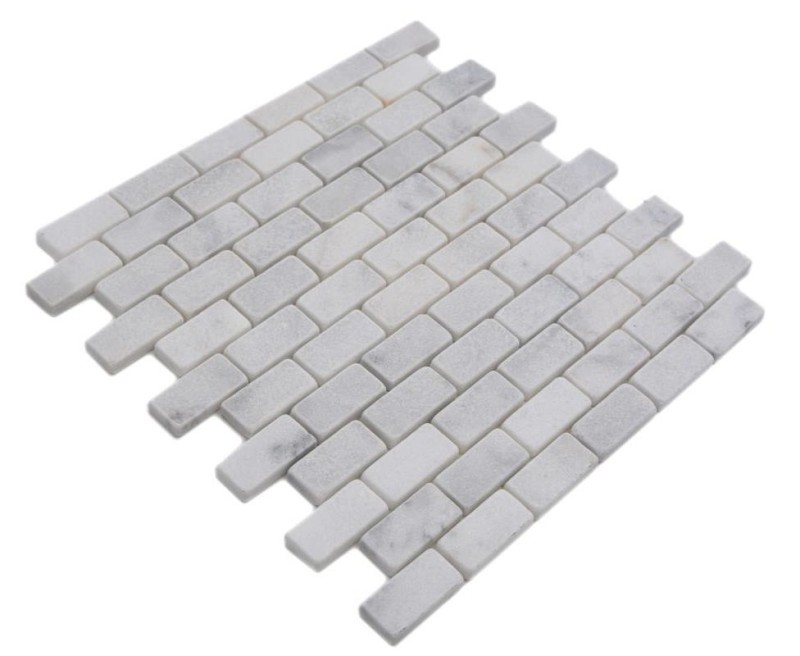 Marble mosaic tile natural stone brick wall bond Ibiza white light gray tile backsplash kitchen - MOSSopo-46692