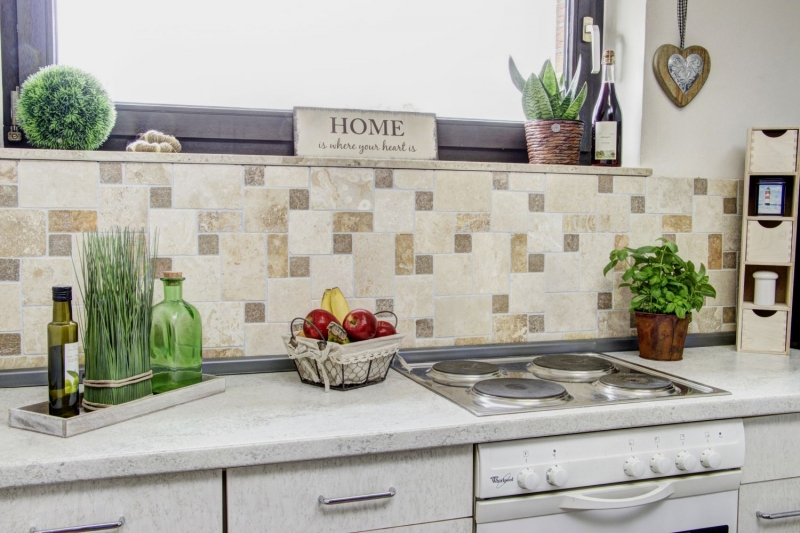 Travertine mosaic tiles terrace wall floor natural stone beige brown golden brown Roman bond floor tile - MOS43-1204