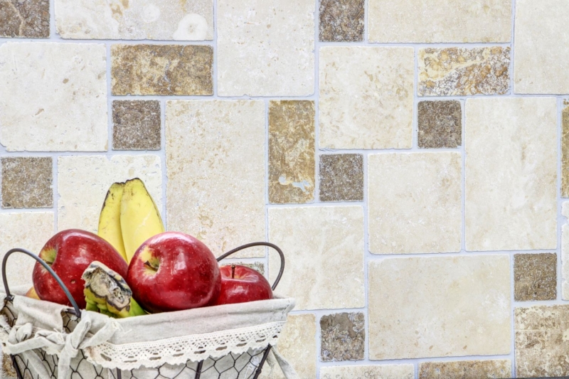 Travertine mosaic tiles terrace wall floor natural stone beige brown golden brown Roman bond floor tile - MOS43-1204