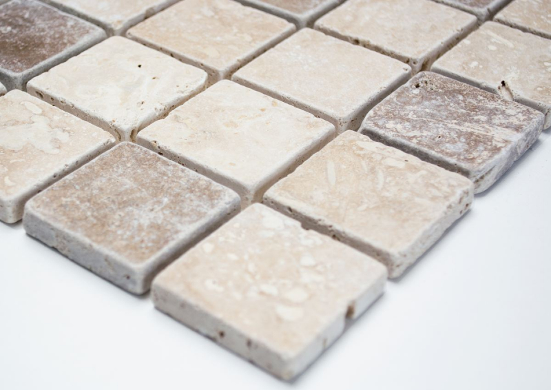 Hand sample mosaic kitchen splashback Travertine natural stone beige brown Chiaro + Noche Travertine MOS43-1216_m
