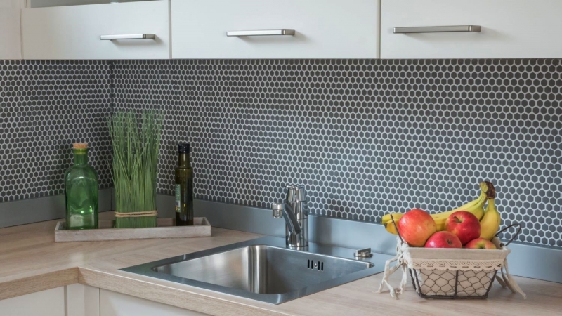Glass mosaic Sustainable wall covering Tile backsplash Recycling Hexagon Enamel gray-brown matt MOS140-HX15G