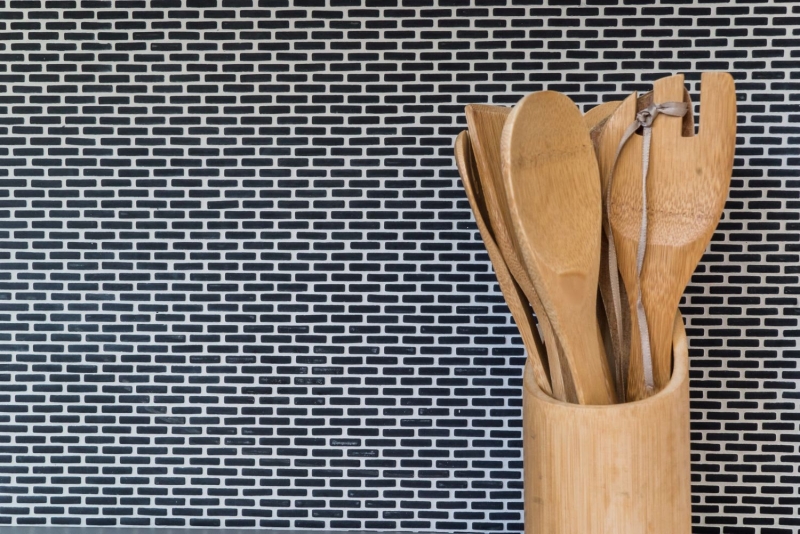 Glass mosaic Sustainable wall covering Tile backsplash Recycling Brick Enamel black matt MOS140-B21B