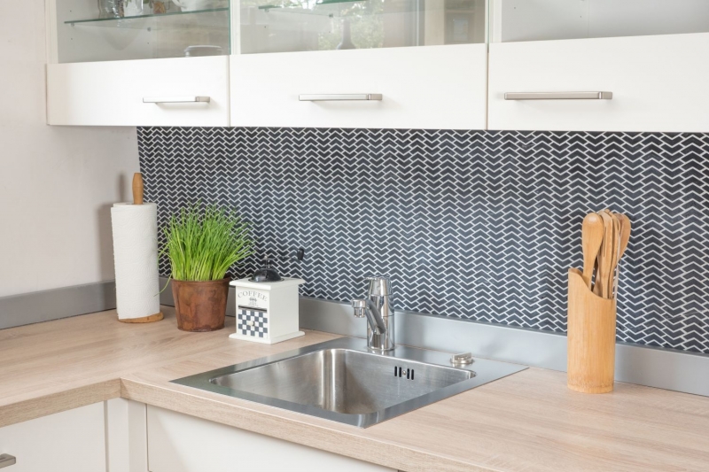 Glass mosaic Sustainable wall covering Tile backsplash Recycling herringbone Enamel black matt MOS140-HB31B