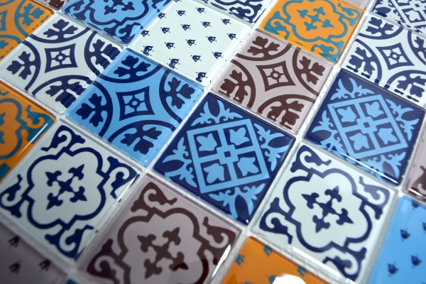 Hand pattern retro vintage mosaic tile translucent white blue orange gray glass mosaic Crystal Optik MOS68-4OP12_m