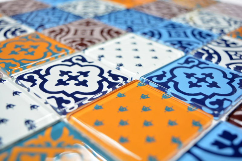 Hand pattern retro vintage mosaic tile translucent white blue orange gray glass mosaic Crystal Optik MOS68-4OP12_m
