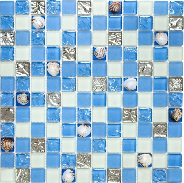 Hand-patterned mosaic tile Tile backsplash Translucent blue Glass mosaic Crystal shell blue MOS82B-0104_m