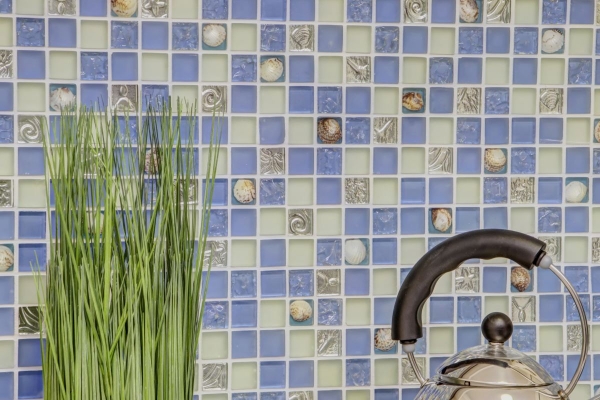Hand-patterned mosaic tile Tile backsplash Translucent blue Glass mosaic Crystal shell blue MOS82B-0104_m
