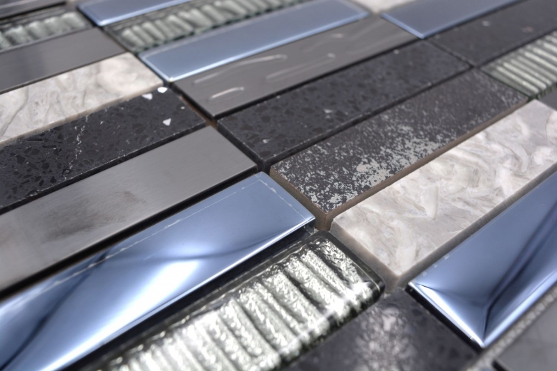 Rectangular mosaic tiles glass mosaic composite stainless steel silver gray blue-black wall cladding kitchen - MOS87-58X