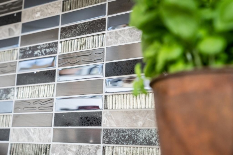Rectangular mosaic tiles glass mosaic composite stainless steel silver gray blue-black wall cladding kitchen - MOS87-58X