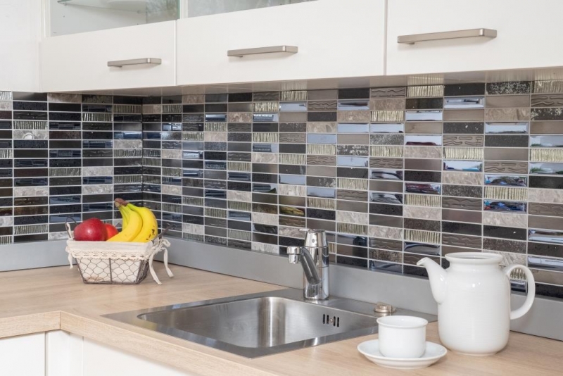 Rectangular mosaic tiles glass mosaic composite stainless steel silver gray blue-black wall cladding kitchen - MOS87-58X