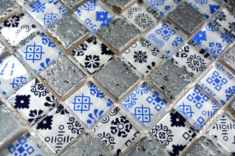 Hand-painted mosaic tile Tile backsplash Translucent blue black Glass mosaic Crystal Resin optic blue black silver MOS83-CB07_m