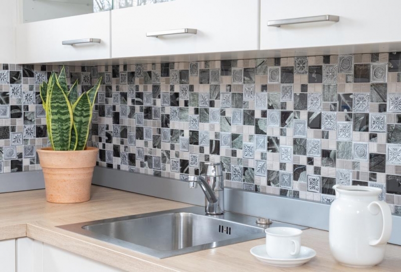 Glass mosaic artificial stone mosaic tiles resin silver gray anthracite ornament tile mirror wall WC - MOS88-0280