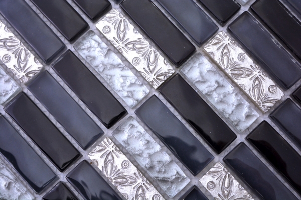 Rectangular mosaic tiles glass mosaic rods resin artificial stone gray black silver kitchen splashback bathroom wall WC - MOS87-03108