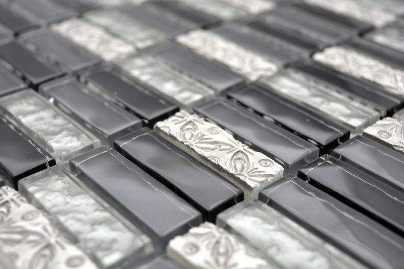 Rectangular mosaic tiles glass mosaic rods resin artificial stone gray black silver kitchen splashback bathroom wall WC - MOS87-03108