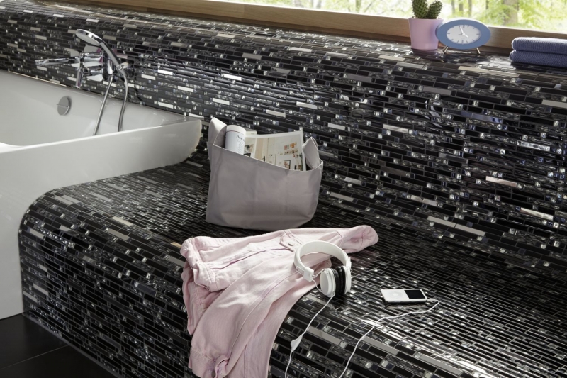 Glass mosaic rods mosaic tiles stainless steel black silver MOS86-0302