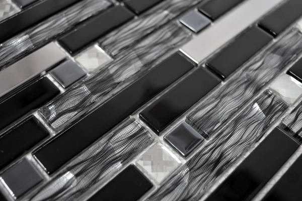 Glass mosaic rods stainless steel silver black tile backsplash kitchen wall MOS67-GV478