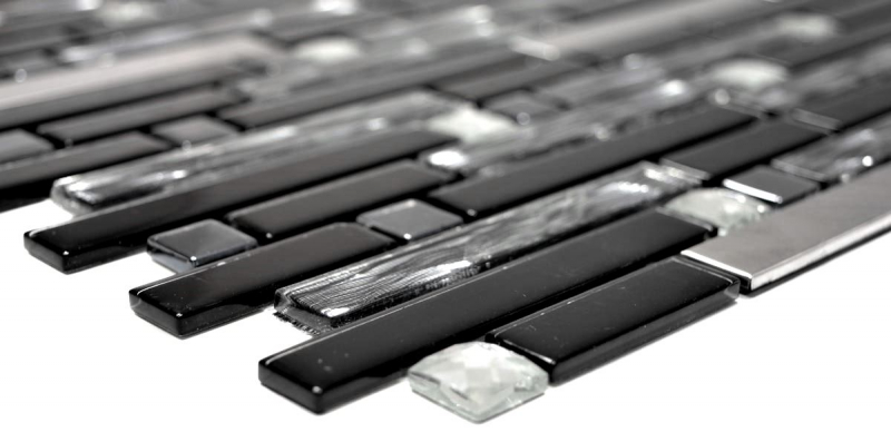 Glass mosaic rods stainless steel silver black tile backsplash kitchen wall MOS67-GV478
