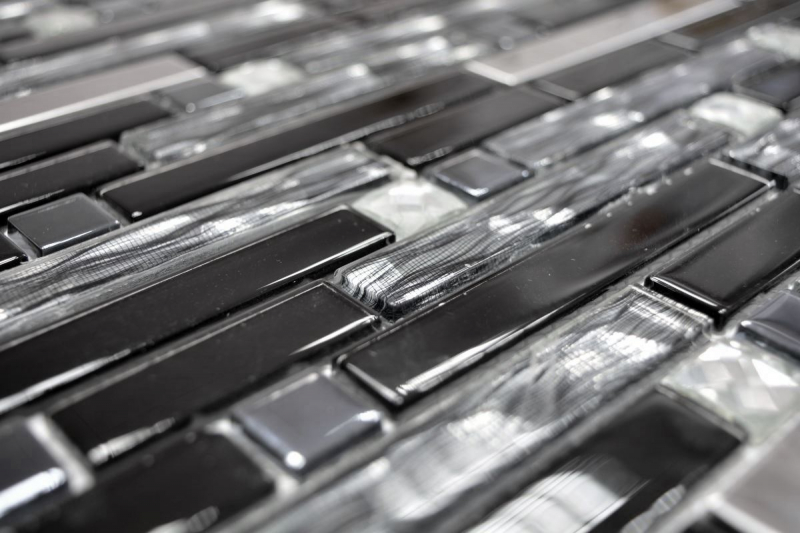 Glass mosaic rods stainless steel silver black tile backsplash kitchen wall MOS67-GV478